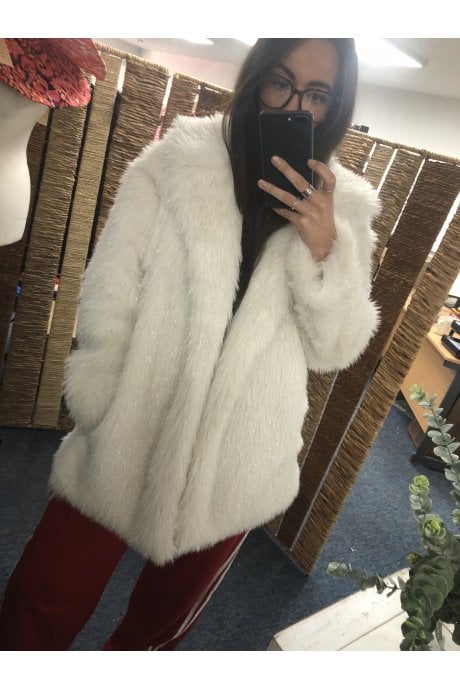 Cream Metallic Faux Fur Coat