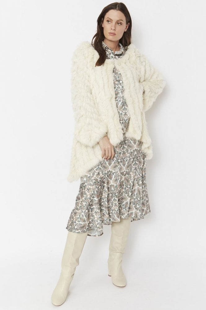 JAYLEY Cream Mid Length Asymmetrical Coney Fur Jacket