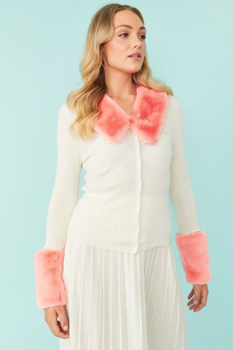 Cream Peggy Cashmere Cardigan with Faux Fur Cuffs and Collar