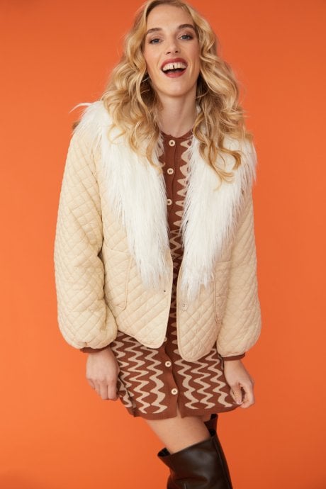 Cream Puffer Coat with Mongolian Fur Collar