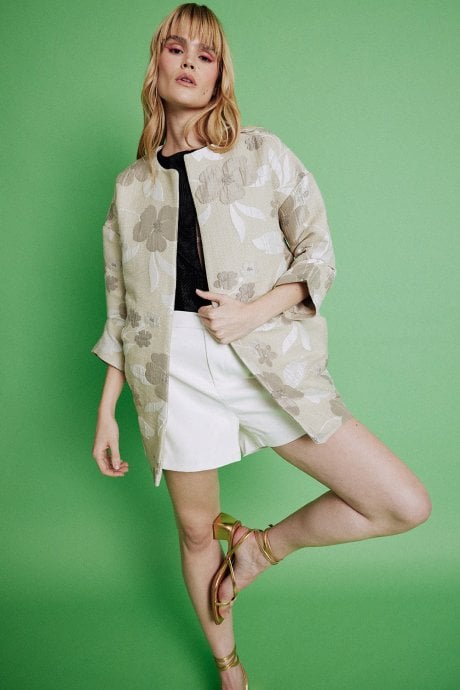 Cream Silk Blended Print Jacket