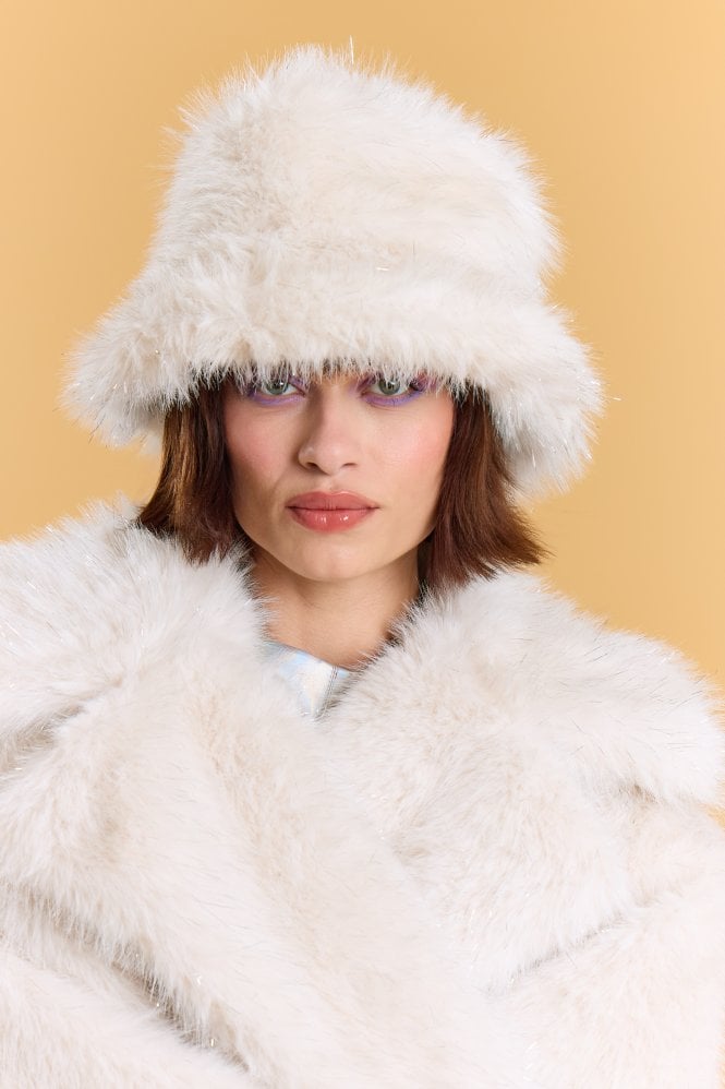 JAYLEY Cream Sparkle Metallic Bamboo Faux Fur Bucket Hat 
