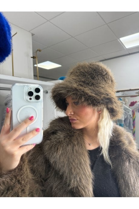 Cream Sparkle Metallic Bamboo Faux Fur Bucket Hat   