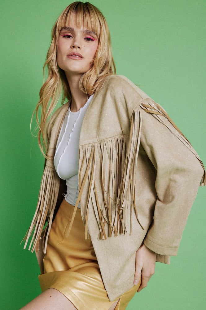 JAYLEY Cream Starlight Tassel Glitter Faux Suede Jacket