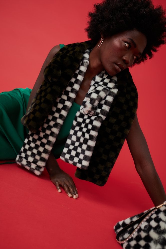 JAYLEY Dark Green and Black Checkered Faux fur Scarf with Bow Detail Fastening