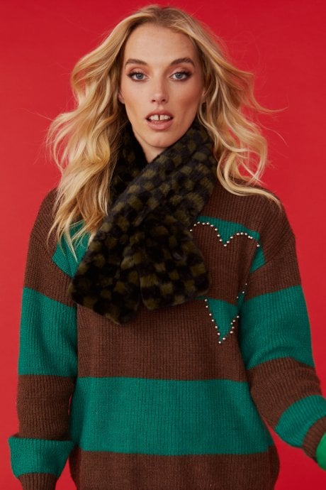 Khaki Green Checkered Print Double Face Faux Fur Scarf