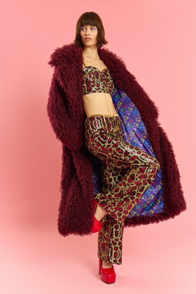 JAYLEY Deep Red Bamboo Blend Faux Shearling Maxi Coat