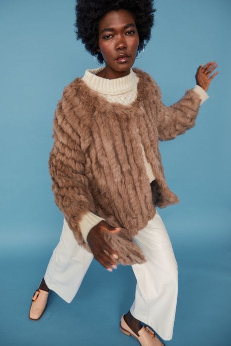 Dusty Pink Mid Length Asymmetrical Coney Fur Jacket