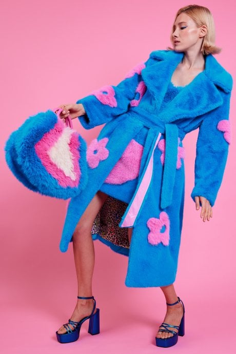 Eco Bamboo Blue Faux Fur Coat with Pink Flower Detailing