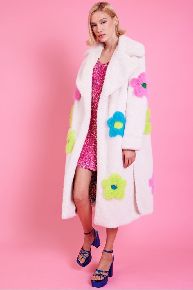 JAYLEY Eco Bamboo Faux Fur Coat with Bright Flower Detailing