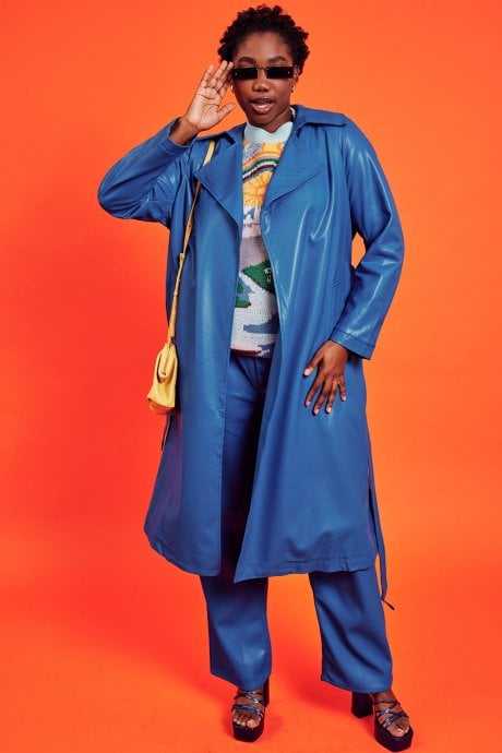 Eco Leather Blue Trench Coat