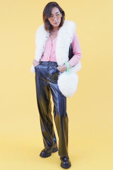 Eco Leather Faux Shearling Trim Gilet | Waistcoat