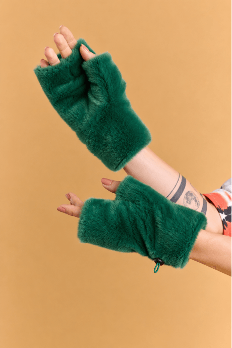 Green Faux Fur Adjustable Fingerless Gloves