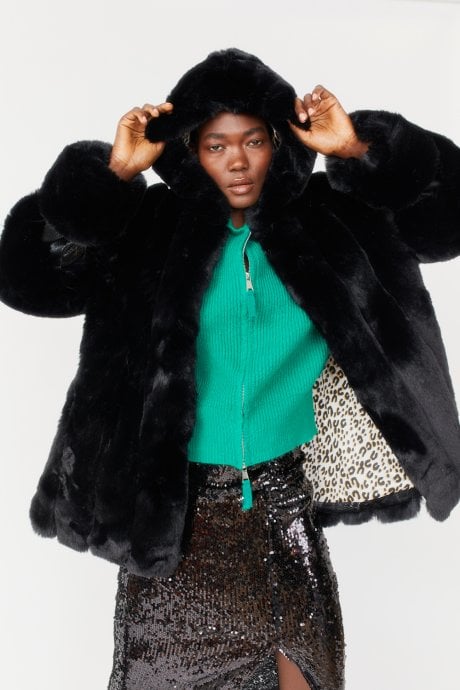 Faux Fur and Faux Leather Panelled Coat in Black