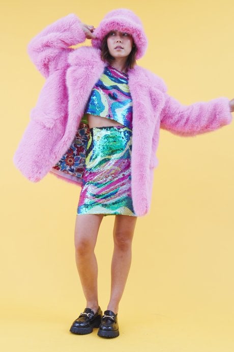 Faux Fur Baby Pink Midi Coat