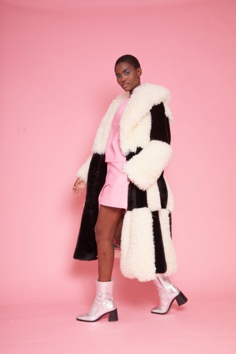 Faux Fur Bamboo Checked Maxi Coat