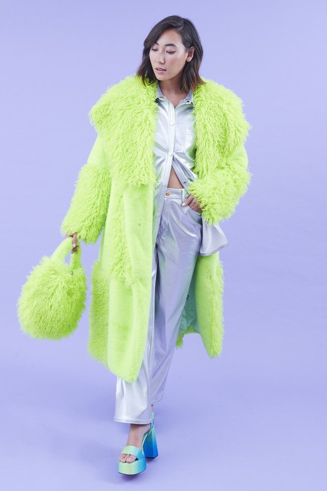 JAYLEY Faux Fur Bamboo Checked Maxi Coat