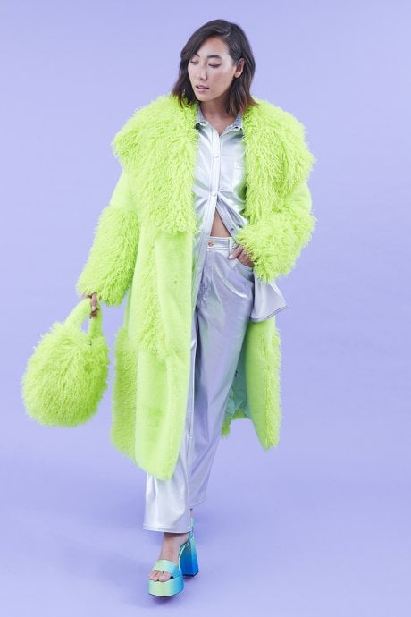 Faux Fur Bamboo Checked Maxi Coat