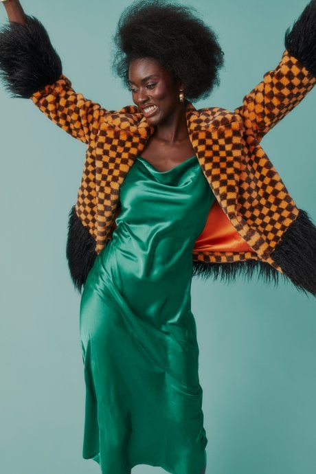 Faux Fur Checked Coat with Mongolian Fur Trim and Cuffs