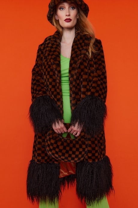 Faux Fur Checkered Brown Bag
