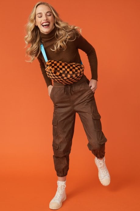 Faux Fur Checkered Bum Bag with Orange Strap