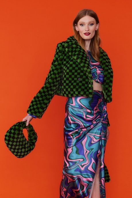 Faux Fur Checkered Green Bag