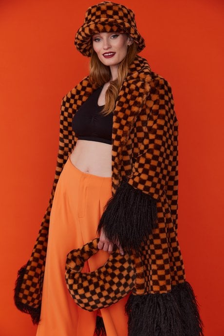 Faux Fur Checkered Orange Bag