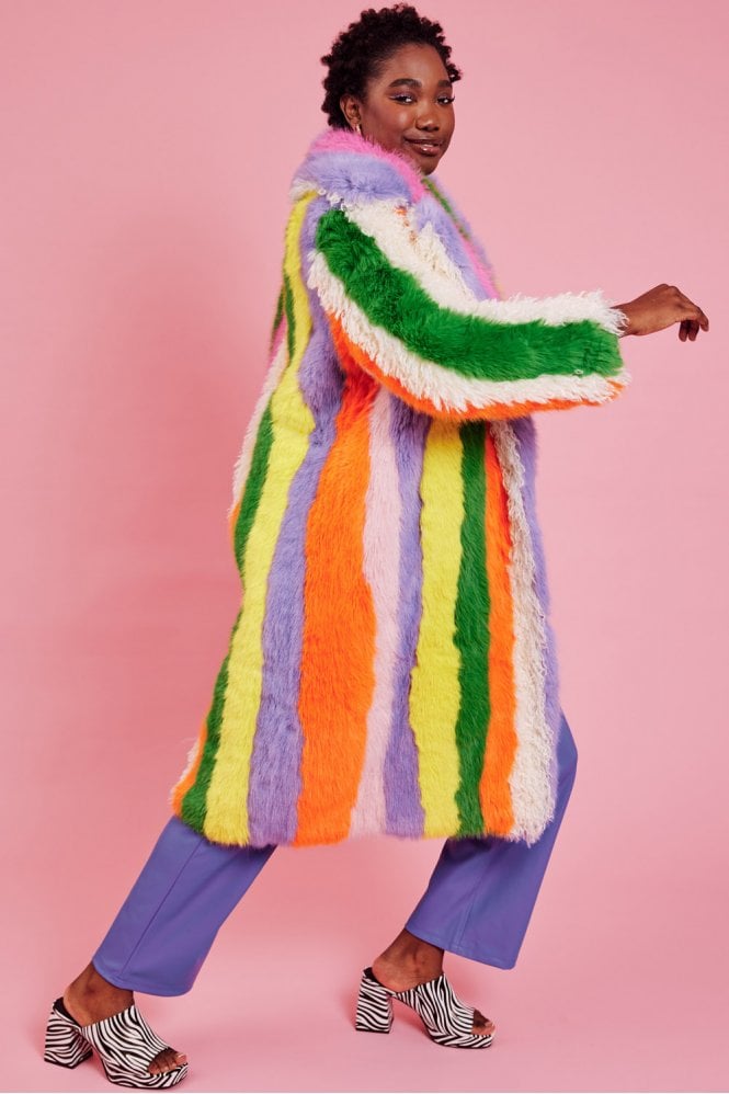 JAYLEY Faux Fur Hand Crafted Rainbow Bamboo Maxi Coat