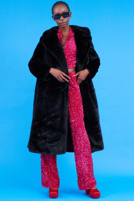 Faux Fur Maxi Trench Coat with Belt