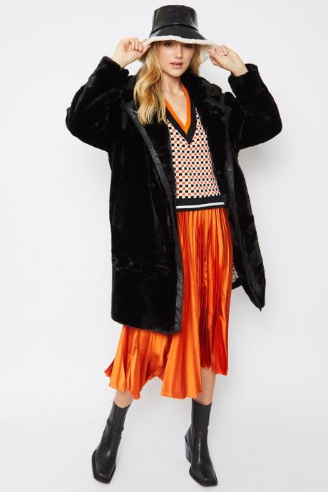 Faux Fur Oversized Coat with Faux Suede Details