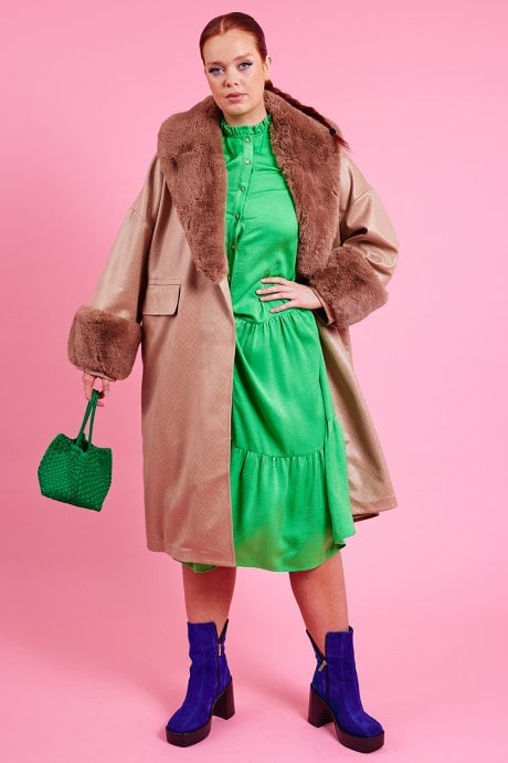 Faux Leather Coat with Detachable Faux Fur Collar and Cuffs
