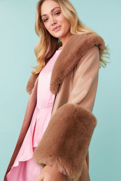 Faux Leather Jacket With Detachable Faux Fur Cuffs & Collar