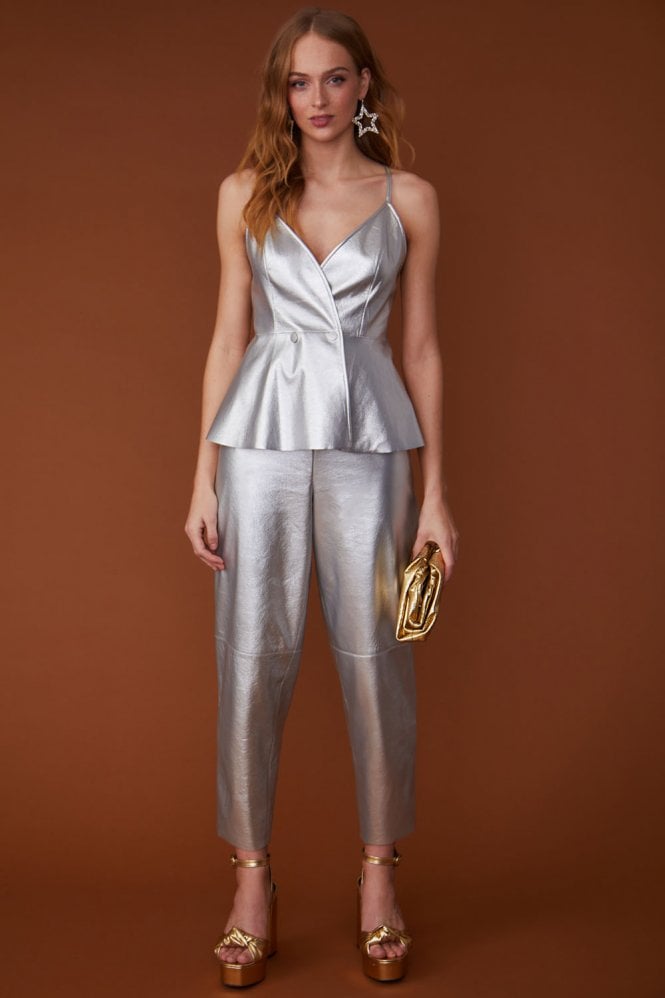 JAYLEY Faux Leather Metallic Peplum Top