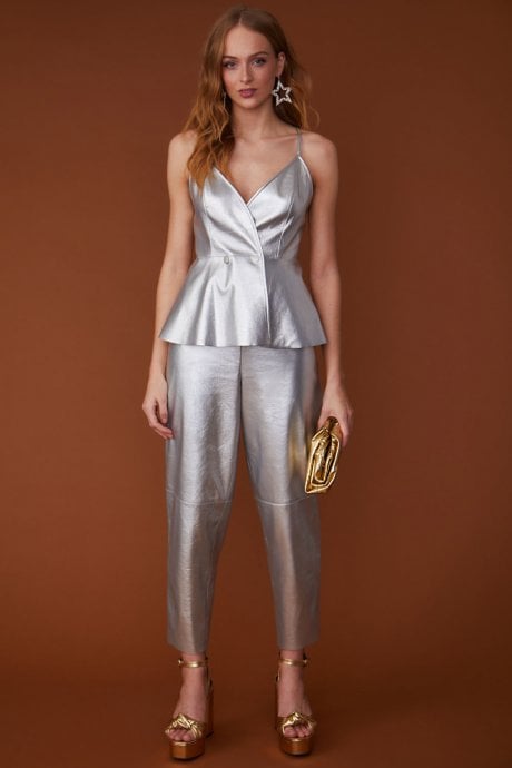 Faux Leather Metallic Peplum Top
