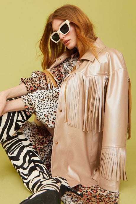 Faux Leather Metallic Tassel Coat