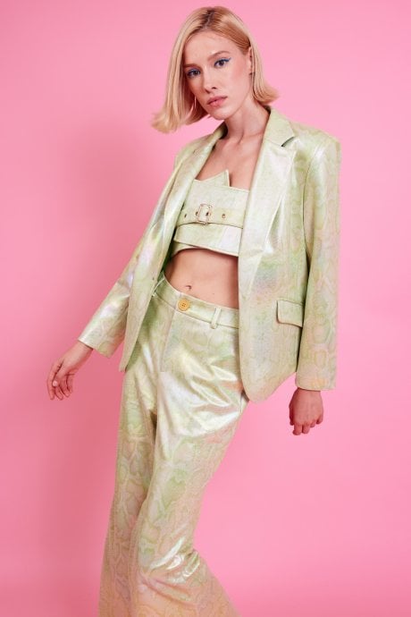 Faux leather Mint Green Metallic Blazer