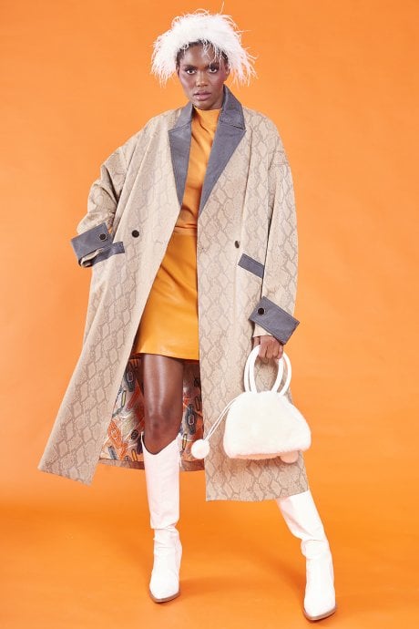 Faux Leather Snake Print Maxi Coat