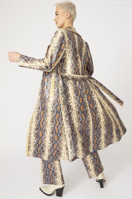 Faux Leather Snake Print Trench Coat