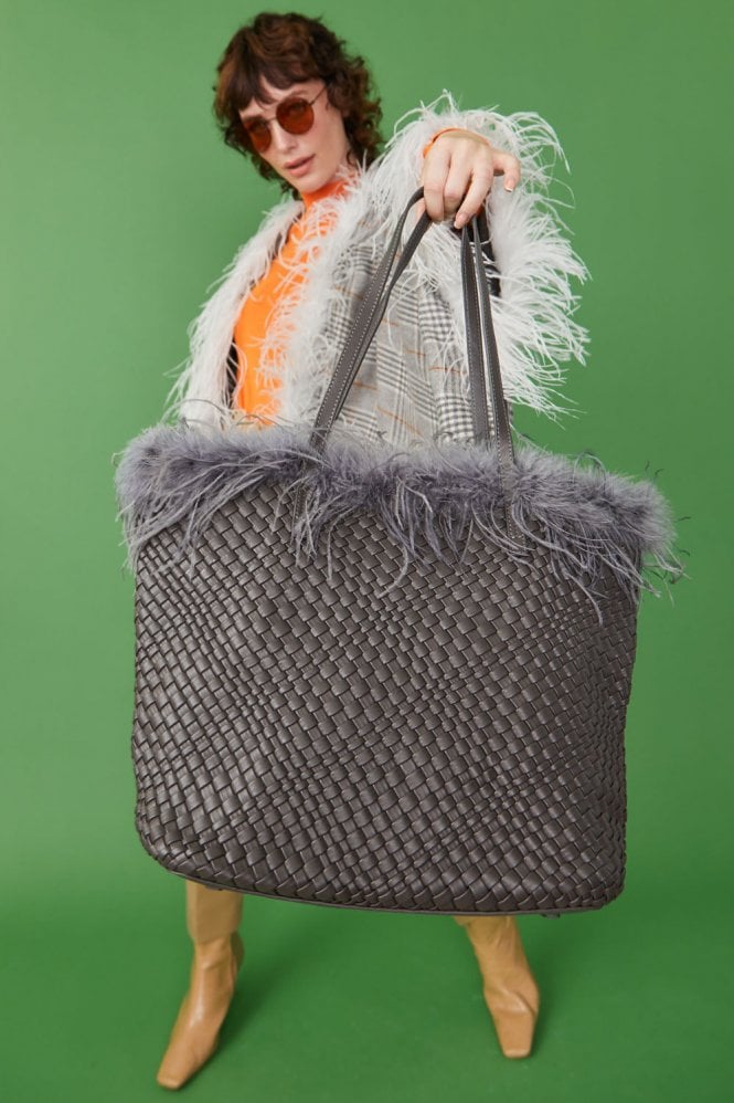 JAYLEY Faux Leather Tote Bag with Feather Trim in Tan