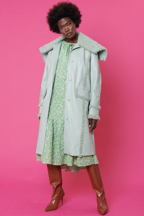 Faux Shearling and Faux Leather Aviator Style Trench in Mint Green