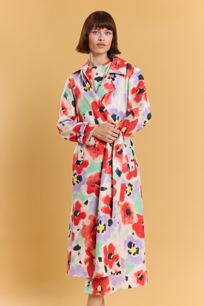 JAYLEY Faux Suede Floral Trench Coat