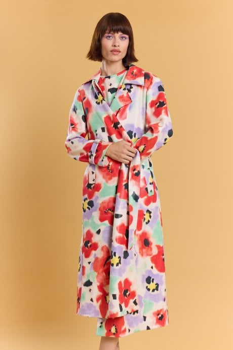 Faux Suede Floral Trench Coat