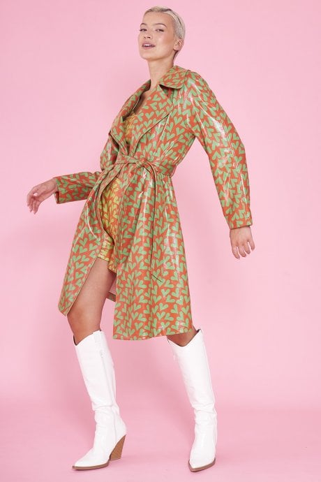 Faux Suede Heart Print Trench Coat