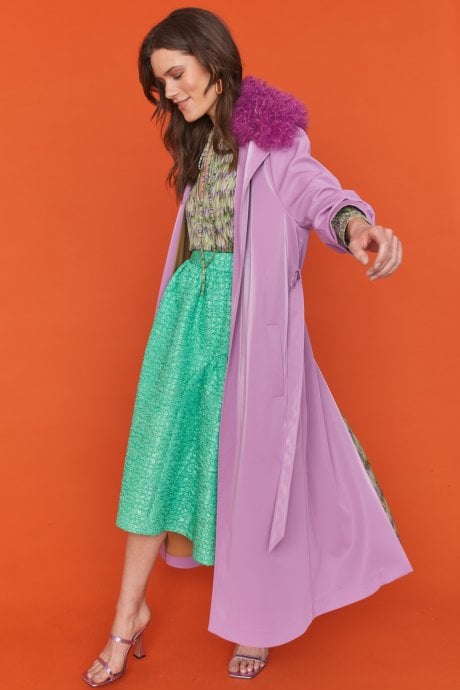 Faux Suede Lilac Trench Coat with Faux Shearling Collar