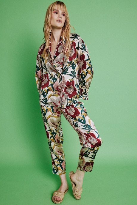 Floral Silk Blend Botanical Hibiscus Print Trousers
