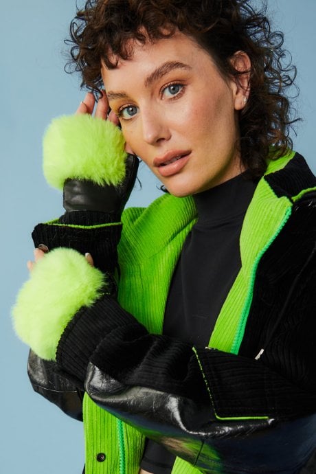 Fluorescent Green Faux Fur Fingerless Gloves