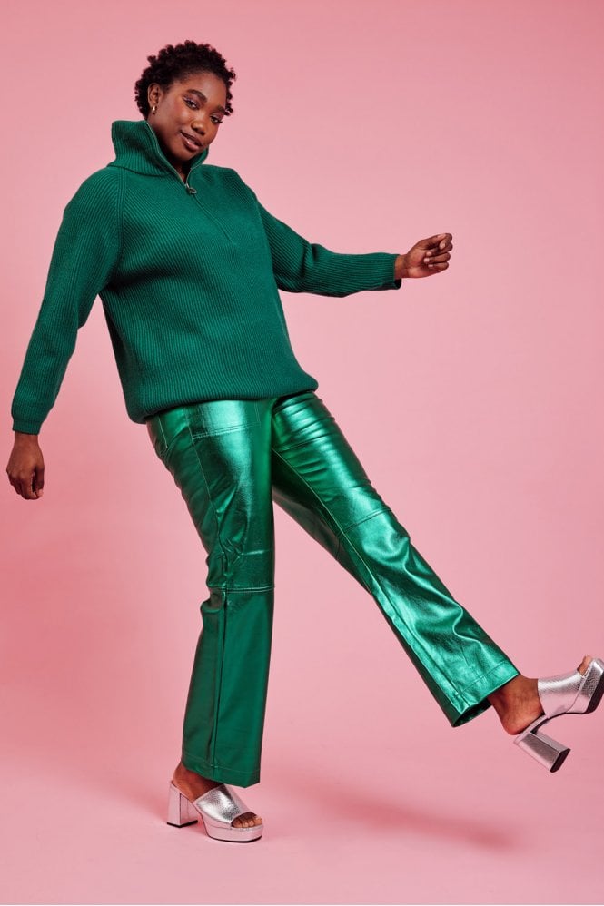 JAYLEY Funnel Neck Ribbed Jumper in Green