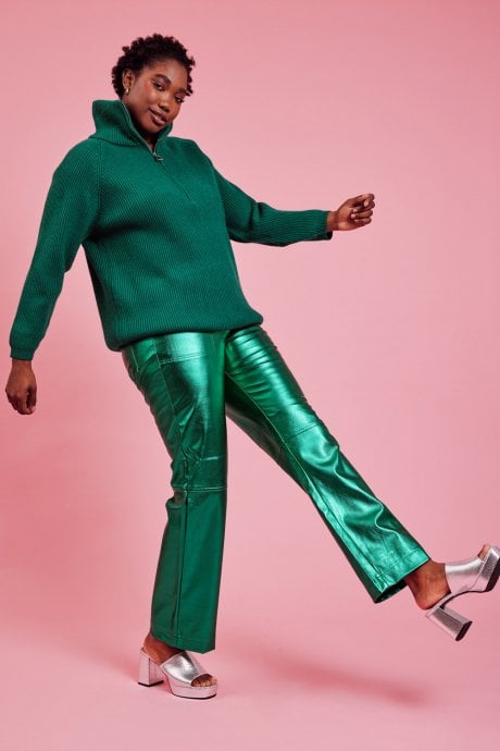 Funnel Neck Ribbed Jumper in Green