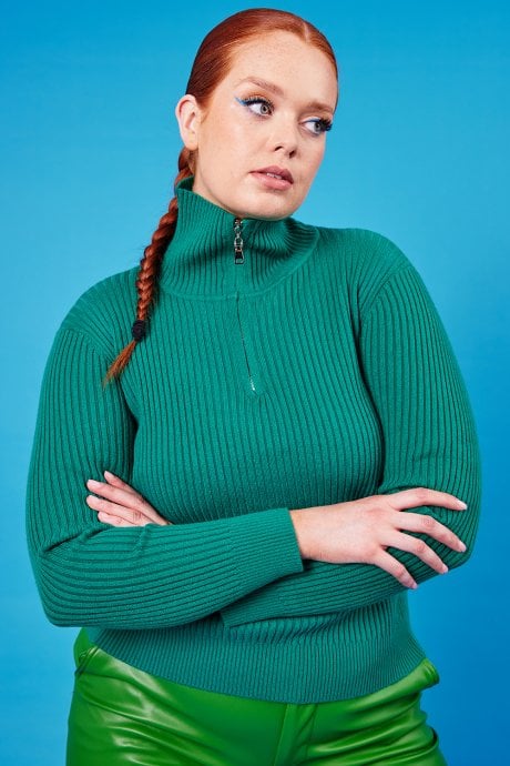 Funnel Neck Ribbed Jumper in Green