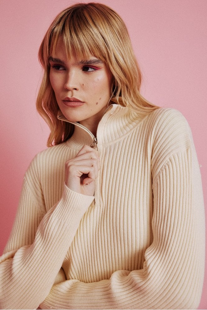 JAYLEY Funnel Neck Ribbed Jumper in White